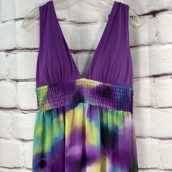 Candies Womens Sz L Maxi Dress V Neck Purple Green Blue Pullover Party Beach - Picture 1 of 11